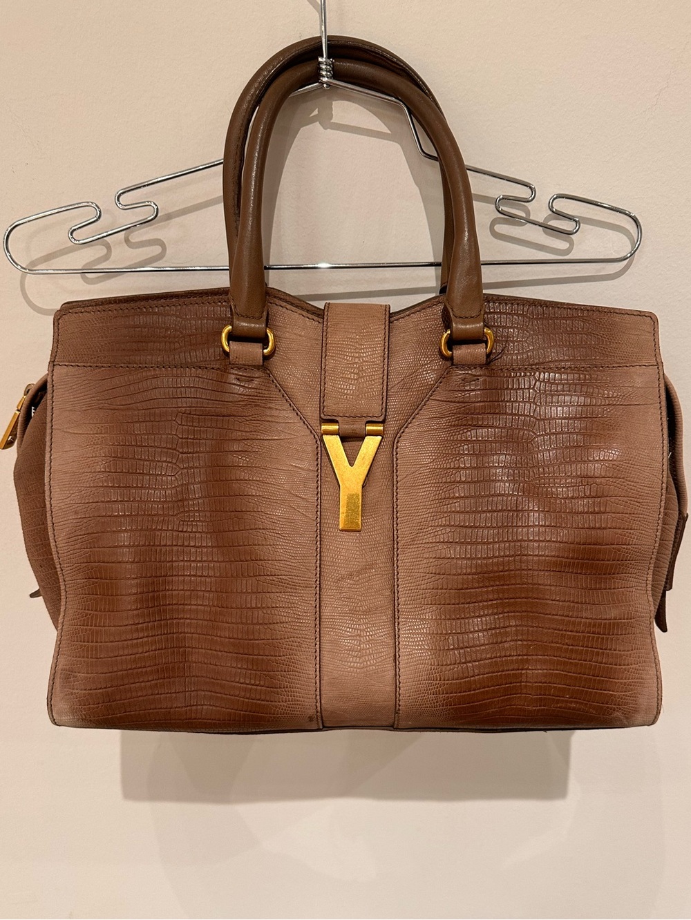 Yves Saint Laurent Brown Textured Leather Top-Handle Bag with Gold Y